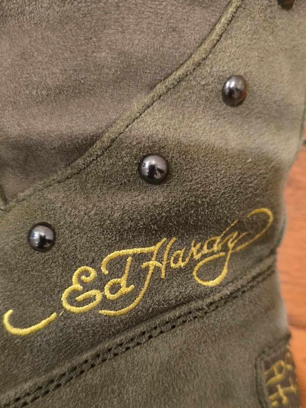 Ed Hardy Olive Green Knee Boots with Orange Floral Skull